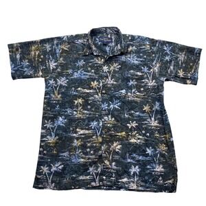 Pete Huntington Bali Mens Sz L Blue Batik Tropical Palm Tree Cotton Button Shirt
